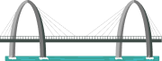 An illustration of a cable-stayed bridge with an arch at either end and cables attached across the length of the bridge